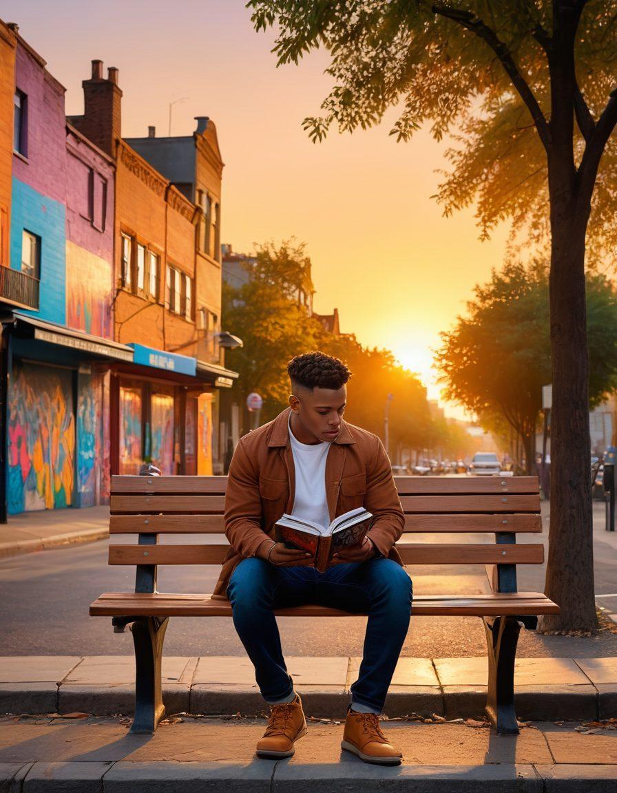 A thoughtful modern straight man, contemplating love and identity in a vibrant urban setting, surrounded by diverse silhouettes representing various identities. He sits on a park bench, holding a book titled 'Love & Identity', with colorful street art in the background, subtly symbolizing acceptance and diversity. The scene captures a warm sunset to evoke emotions of introspection and hope. super-realistic. vibrant colors. urban style.