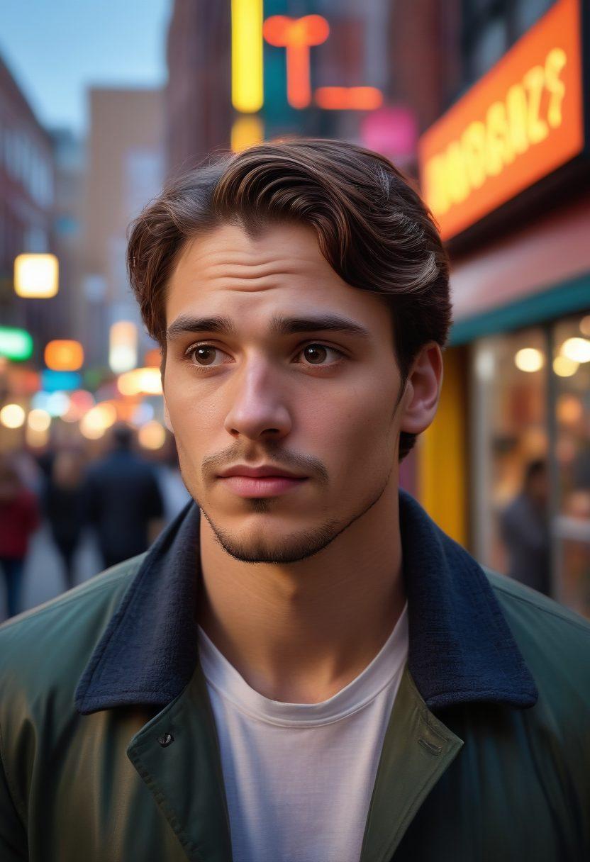 A contemplative straight man in a bustling urban setting, showcasing a mix of emotions as he observes diverse couples around him. Soft light illuminating his face, while vivid city life unfolds in the background, capturing connections and attraction in everyday moments. Incorporate subtle symbols like hearts and question marks to represent inner thoughts and emotional connections. super-realistic. vibrant colors. urban landscape.