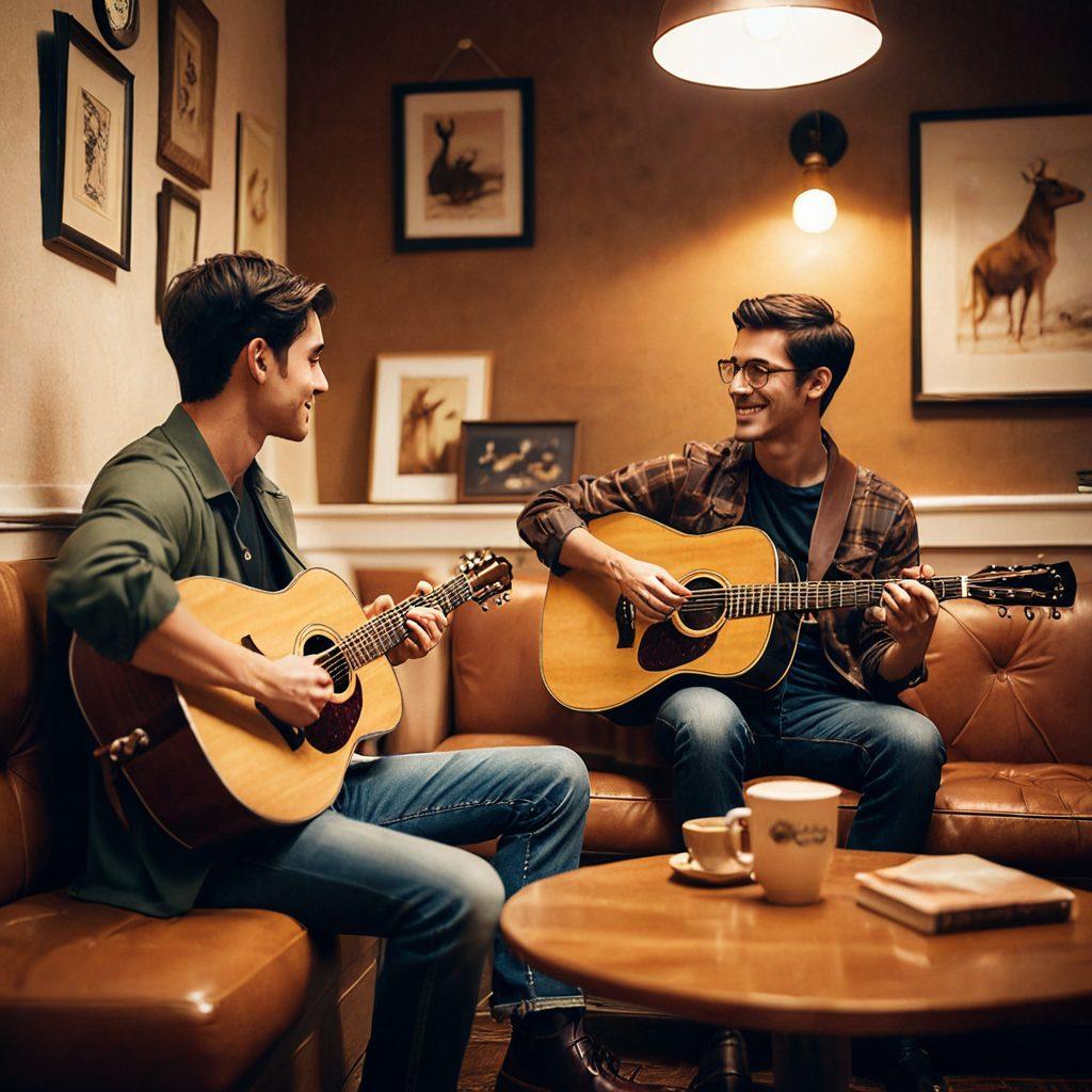 A thought-provoking image depicting two straight men engaging in a deep conversation, showcasing a range of emotions from joy to vulnerability. The background features a cozy coffee shop setting, with warm lighting and soft decor to enhance intimacy. Small symbols of friendship, like shared hobbies (guitar and book), subtly integrated into the scene. Create a warm, inviting atmosphere that captures the essence of emotional bonds. super-realistic. warm tones. soft focus.